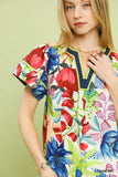 Hawaiian Island Floral Contrast Trim Blouse