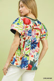 Hawaiian Island Floral Contrast Trim Blouse