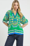 Vivid Split Neck Medallion Statement Blouse