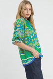Vivid Split Neck Medallion Statement Blouse