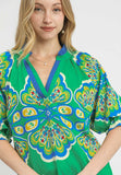 Vivid Split Neck Medallion Statement Blouse