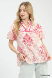 Classic Damask Puff Sleeve Ruffle Trip Top