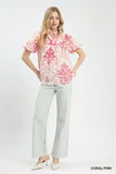 Classic Damask Puff Sleeve Ruffle Trip Top