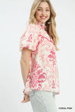 Classic Damask Puff Sleeve Ruffle Trip Top