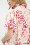 Classic Damask Puff Sleeve Ruffle Trip Top