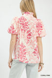 Classic Damask Puff Sleeve Ruffle Trip Top