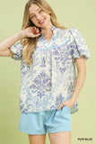 Classic Damask Puff Sleeve Ruffle Trip Top