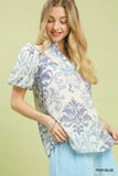 Classic Damask Puff Sleeve Ruffle Trip Top