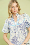 Classic Damask Puff Sleeve Ruffle Trip Top
