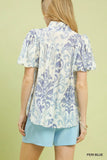Classic Damask Puff Sleeve Ruffle Trip Top