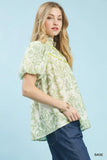 Classic Damask Puff Sleeve Ruffle Trip Top