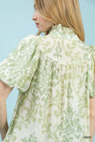 Classic Damask Puff Sleeve Ruffle Trip Top