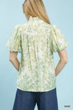 Classic Damask Puff Sleeve Ruffle Trip Top