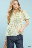 Classic Damask Puff Sleeve Ruffle Trip Top