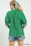 Jacquard Contrast Trim Split Neck Top
