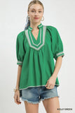 Jacquard Contrast Trim Split Neck Top