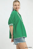 Jacquard Contrast Trim Split Neck Top