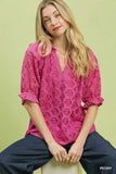 Rosette Eyelet Split Neck Top