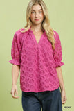 Rosette Eyelet Split Neck Top