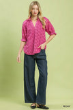 Rosette Eyelet Split Neck Top
