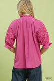 Rosette Eyelet Split Neck Top