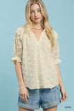 Rosette Eyelet Split Neck Top