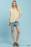 Rosette Eyelet Split Neck Top