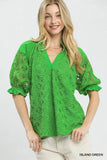 Rosette Eyelet Split Neck Top