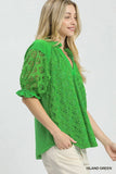 Rosette Eyelet Split Neck Top