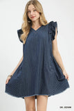 Pinstripe Charm Denim Dress- Dk Denim