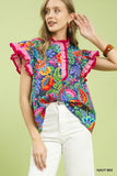 Fiesta Garden Ruffle Blouse- Navy Mix