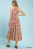 Halter Neck Medallion Tiered Midi Dress