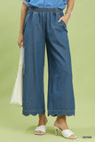 Scalloped Edge Denim Palazzo Pants - Blue