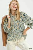Lace Trim Split Neck Bloom Blouse - Denim