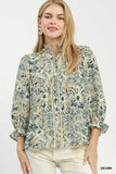 Lace Trim Split Neck Bloom Blouse - Denim