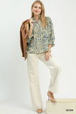 Lace Trim Split Neck Bloom Blouse - Denim