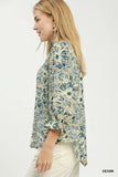 Lace Trim Split Neck Bloom Blouse - Denim