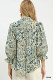 Lace Trim Split Neck Bloom Blouse - Denim