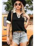 Color Contrast Collared Puff Sleeve Blouse - Black