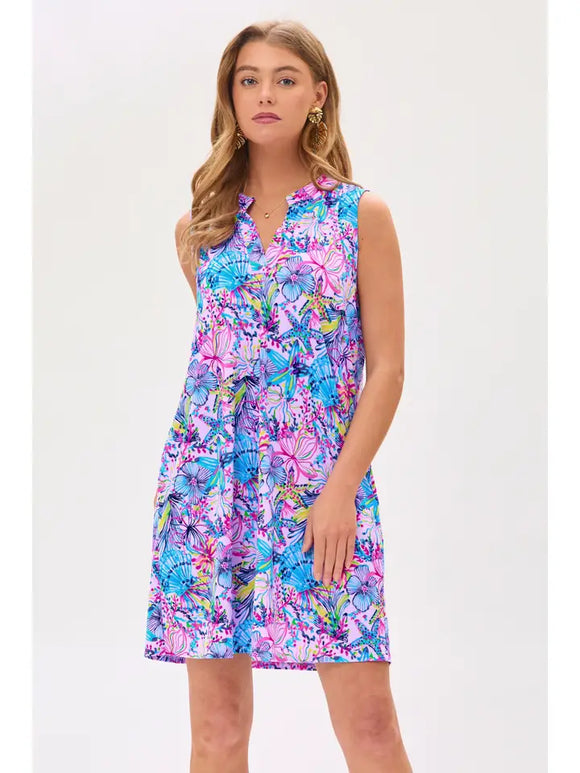 Floral Stencil Fair Isle Sleeveless Tunic Dress - Lilac/Pink