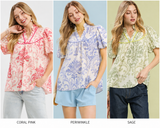 Classic Damask Puff Sleeve Ruffle Trip Top