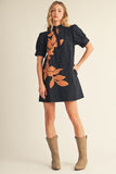 Statement Floral Appliqué Puff Sleeve Dress - Black