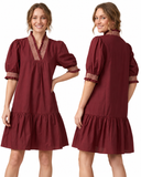 Harvest Charm Ruffle Trim Mini Dress with Pockets - Wine