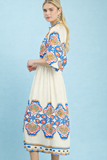 Mosaic Border Puff Sleeve Midi Dress