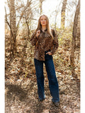 Leopard Print Collared Button Front Long Sleeve Blouse- Leopard