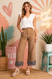 Ankle Skimmer Wide Leg Pants - Khaki w/Leopard Cuff