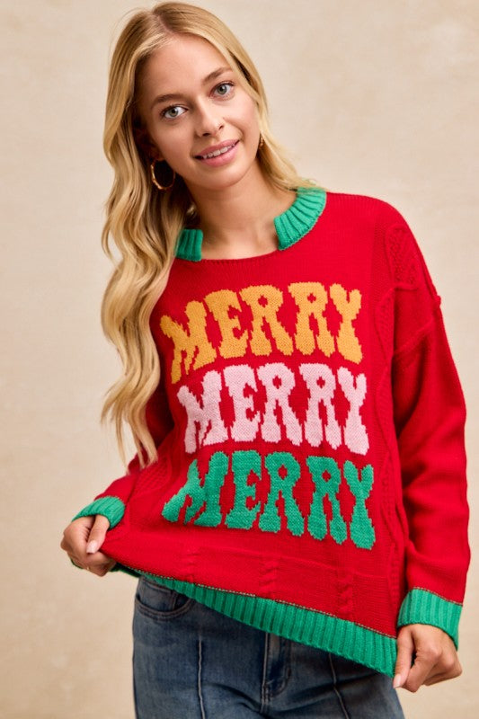 Holly “Merry Merry Merry” Sweater – Festive Red Mix