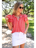 Striped Ruffle Sleeve Split Neck Top