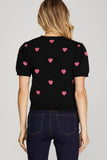 Puff Sleeve Heart Pattern Cropped Sweater