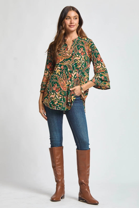 Lizzy Bell Sleeve Top-Paisley Hunter